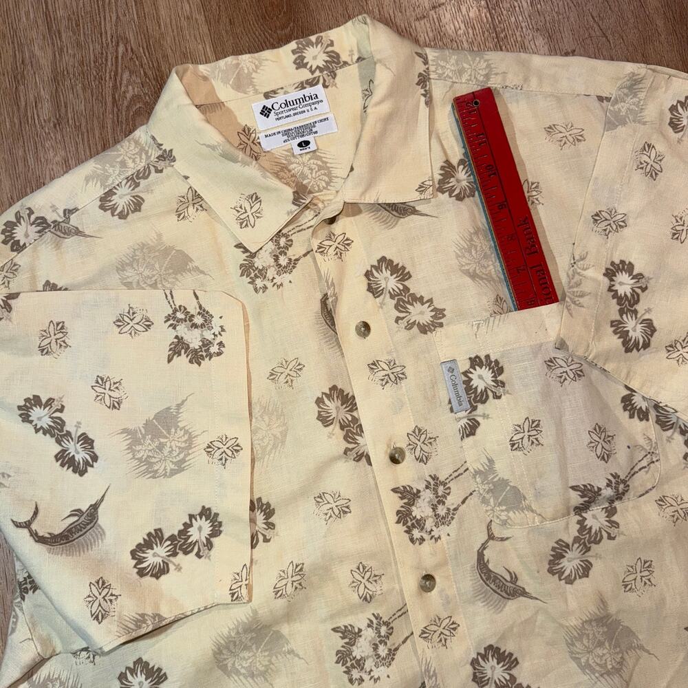 Columbia Shirt Mens L Beige Marlin Fish Hawaiian Linen Cotton Button Up